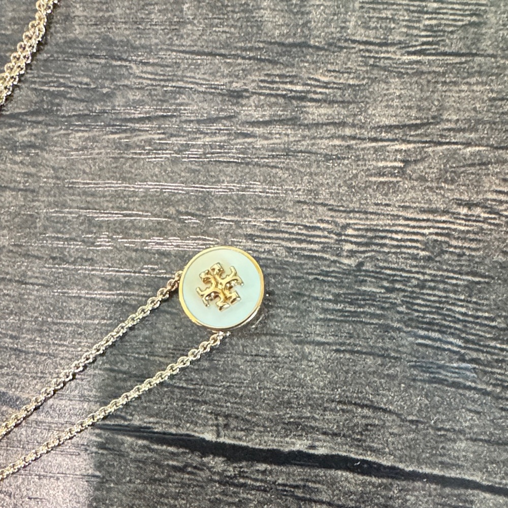 Tory Burch Gold-Tone Double Chain Necklace with White Enamel Logo Disc